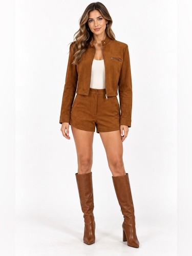 Camel faux suede jacket shorts - jacket,